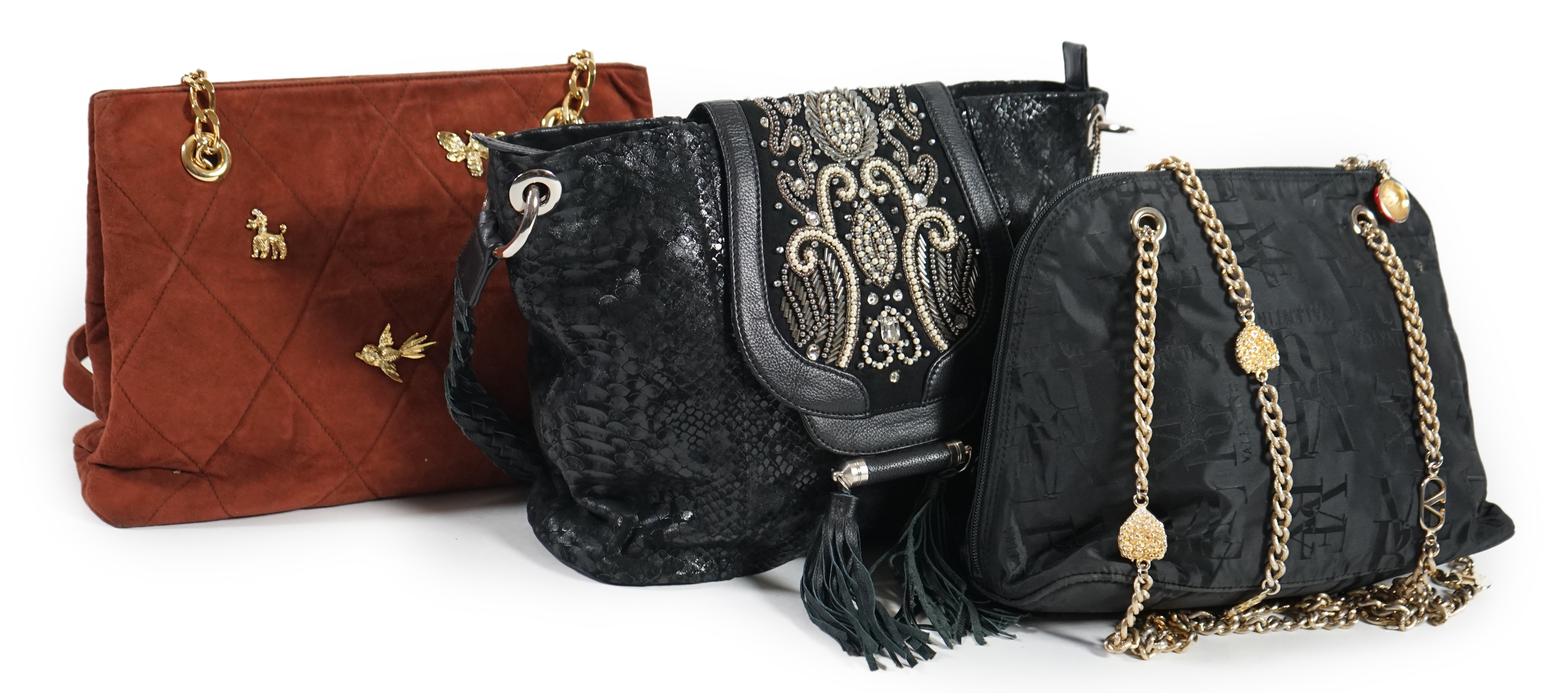 A selection of lady's handbags including a VERY Valentino black canvas bag with gold decorated chain handles, a Mary Frances black suede faux snake skin print shoulder bag with embellished fastening, a tan suede shoulder